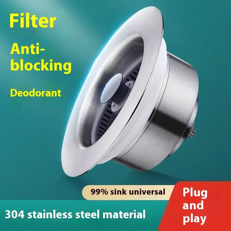 Stainless steel kitchen sink strainer with a sleek, cylindrical design and anti-blocking filter.