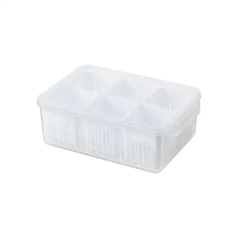 Clear plastic egg storage container with six compartments.