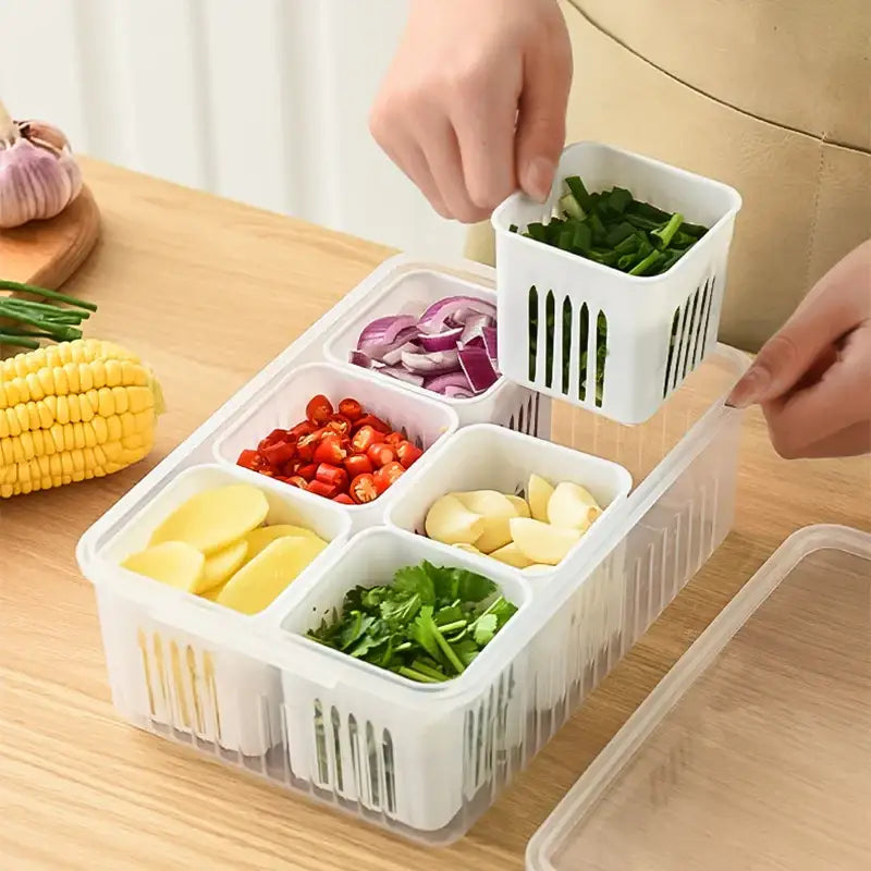 White plastic segmented kitchen storage tray with slotted compartments holding chopped vegetables.