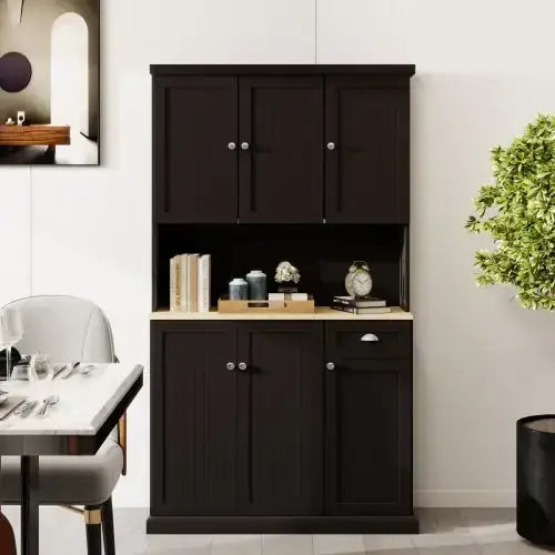Dark brown wooden cabinet with a light wood countertop and silver round knobs.