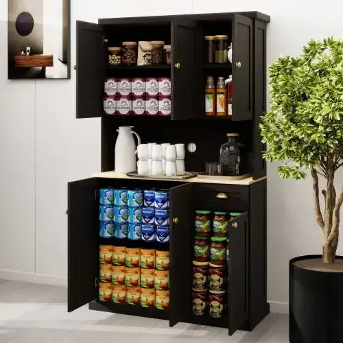 Black wooden kitchen pantry with open doors revealing shelves stocked with canned goods and jars, a countertop holding white mugs and glassware.