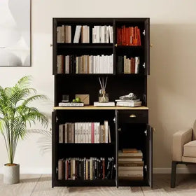Black bookshelf with wooden top and drawers