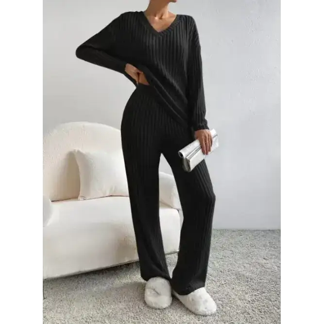 Black ribbed knit two-piece loungewear set
