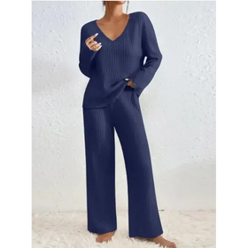 Navy blue ribbed knit two-piece pajama set