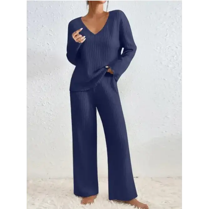Navy blue ribbed knit two-piece pajama set