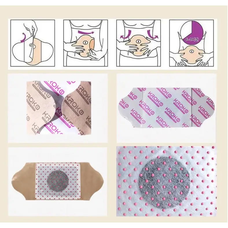 Kroko brand adhesive therapy patch with a gray circular treatment area surrounded by pink dots on a white base, enclosed in beige backing paper.