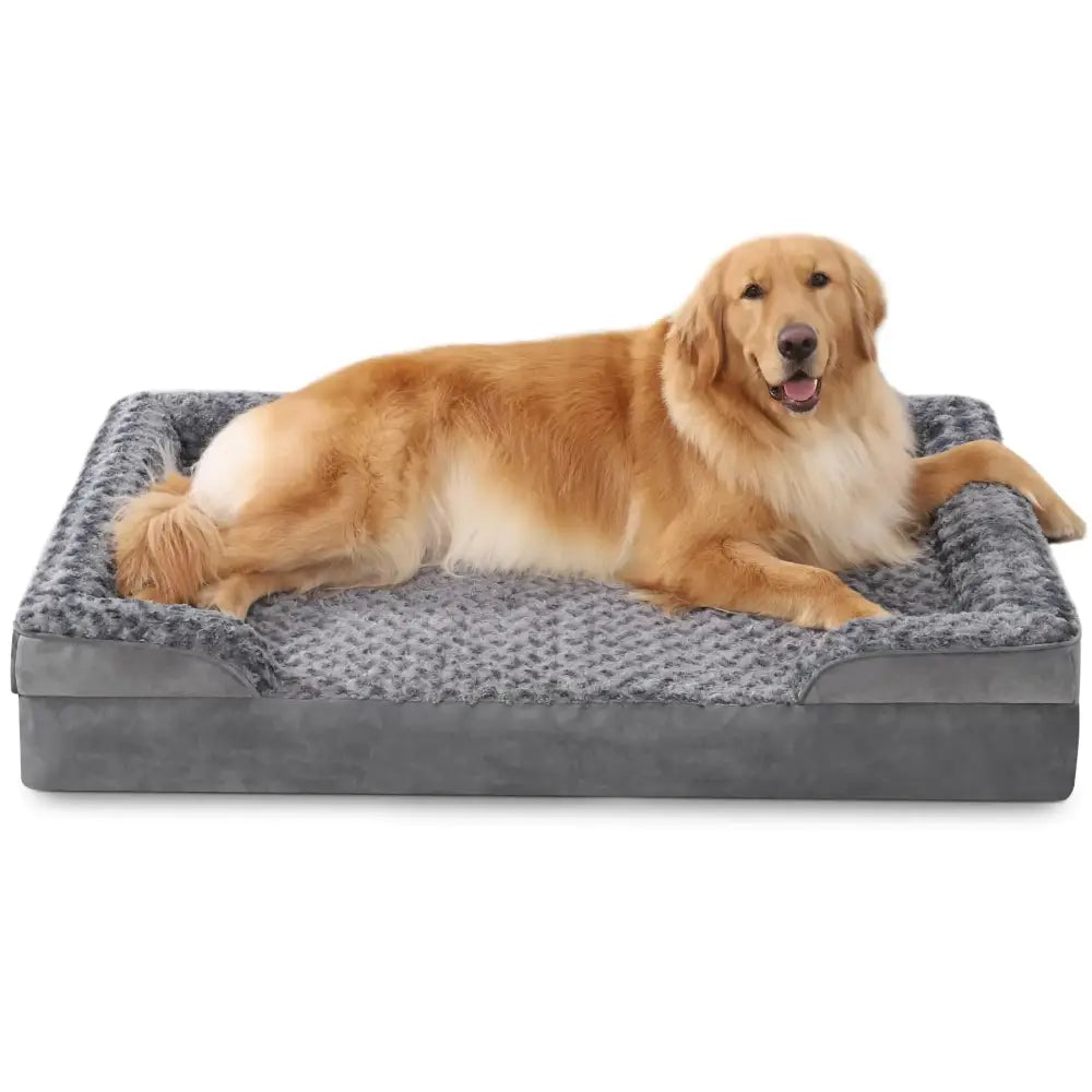 Gray plush dog bed with a textured, fuzzy top layer and solid gray sides.