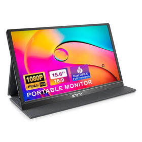 Black 15.6-inch portable monitor with a textured stand and screen displaying vibrant abstract graphics