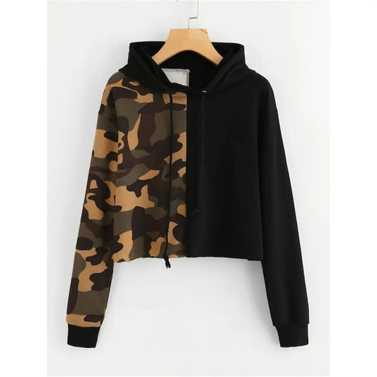 Camouflage Crop Long Sleeve Hoodie in Two Colors - Joomcy