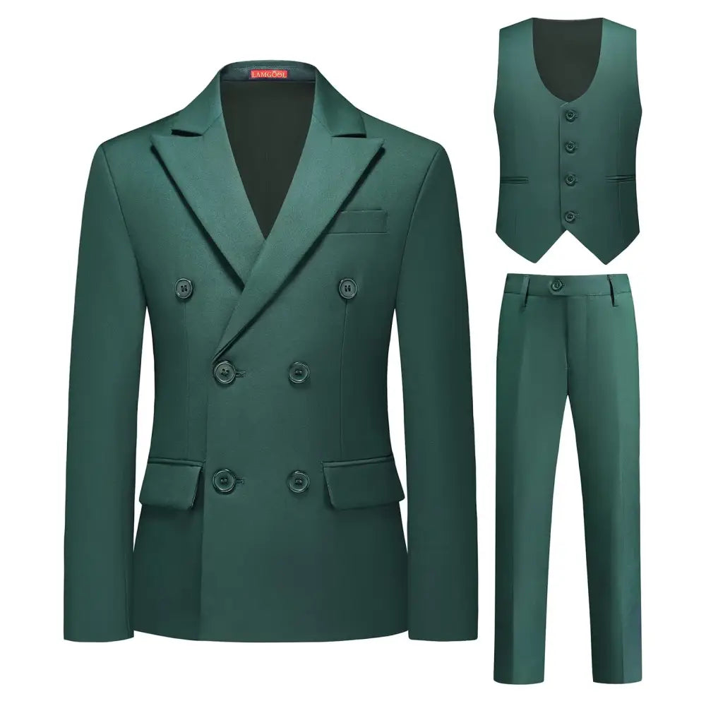 Dark green double-breasted suit jacket with black buttons and matching vest and trousers.
