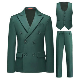 Dark green double-breasted suit jacket with black buttons and matching vest and trousers.