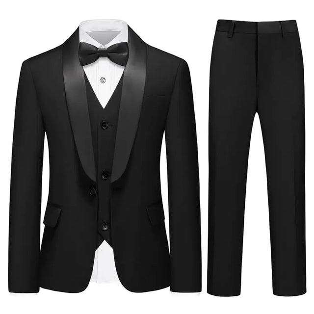 Black tuxedo suit with satin lapels, matching vest and trousers.