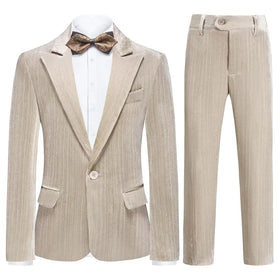 Beige corduroy two-piece suit with vertical stripes and a matching bow tie.