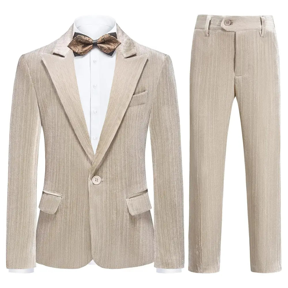 Beige corduroy two-piece suit with vertical stripes and a matching bow tie.