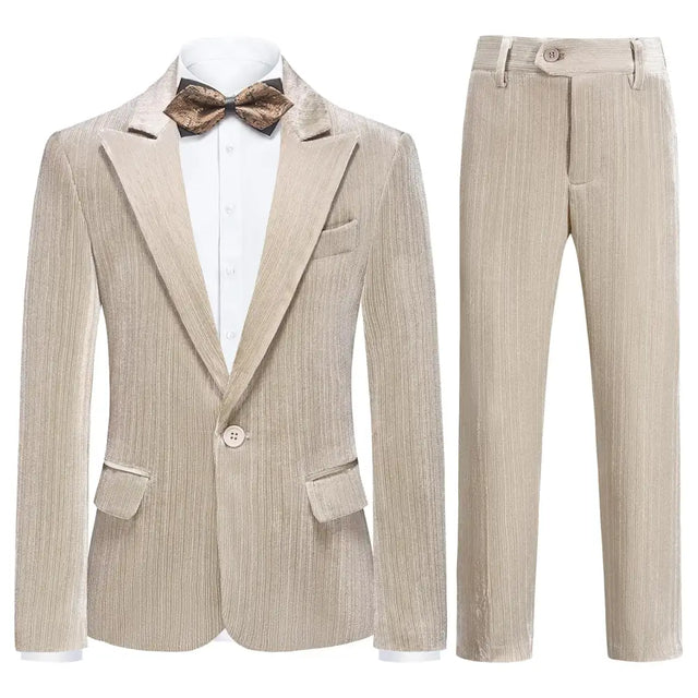 Beige corduroy two-piece suit with vertical stripes and a matching bow tie.