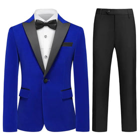 Vibrant royal blue tuxedo jacket with black satin lapels and matching bow tie.