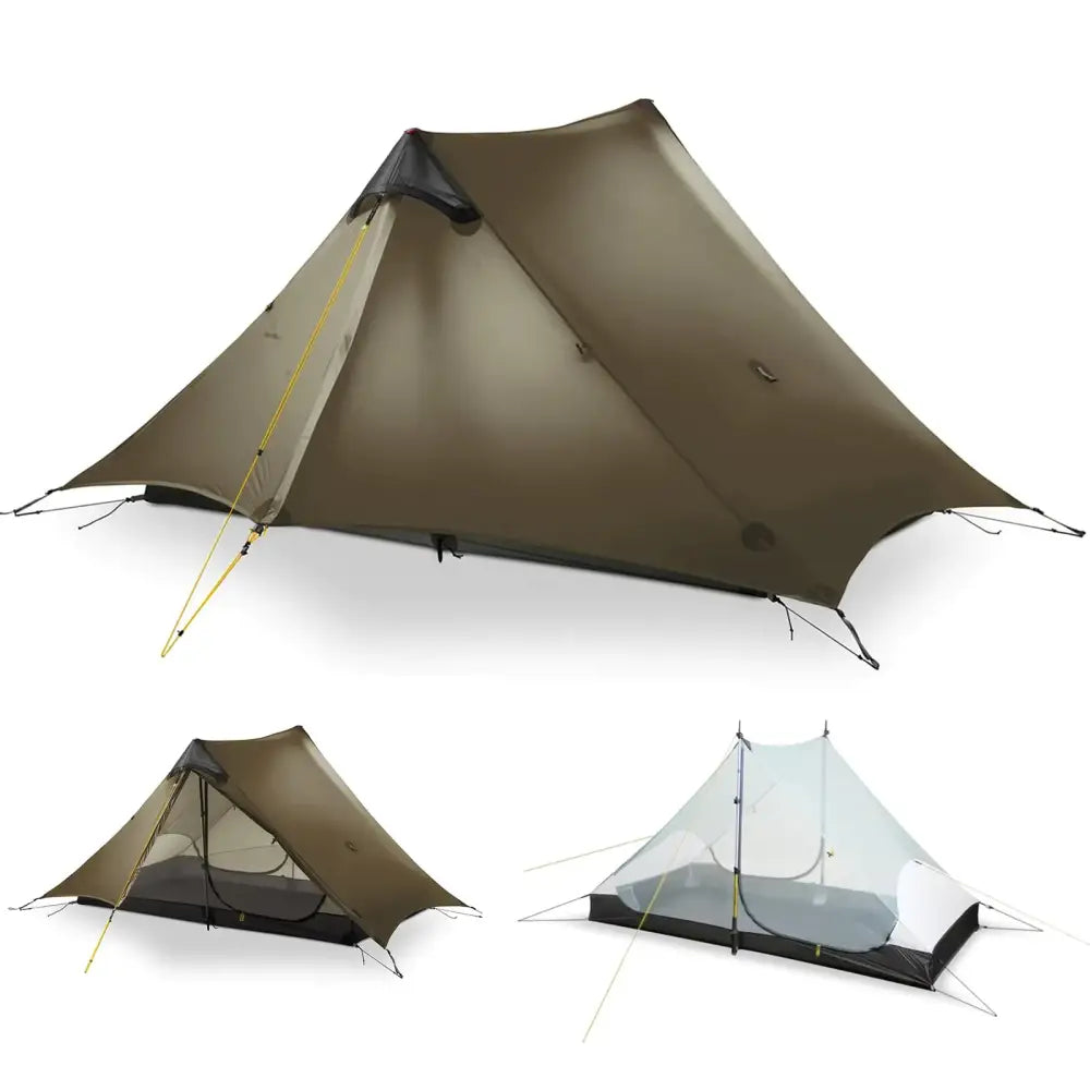 Tan-colored, lightweight ultralight tent with a minimalist design and yellow guy lines.