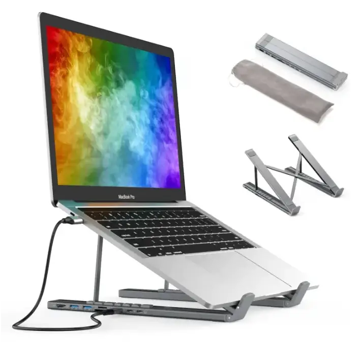 Silver aluminum laptop stand with integrated usb hub and adjustable height support