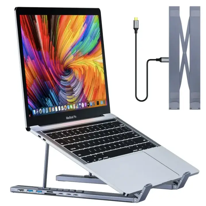 Silver aluminum laptop stand with integrated usb ports and a sleek, adjustable design