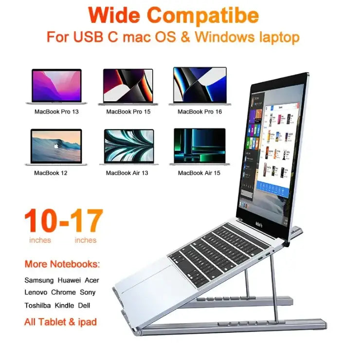 Silver laptop stand with adjustable height and slim metal legs