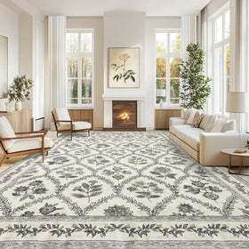 Large Blue and Green Area Rug 9x12 for Living Room Large Dark Blue on Cream Modern Boho Rugs for Bedroom Soft Vintage Area Rug Farmhouse Floral Carpet Rug for Dining Room Guest Room Home Decor