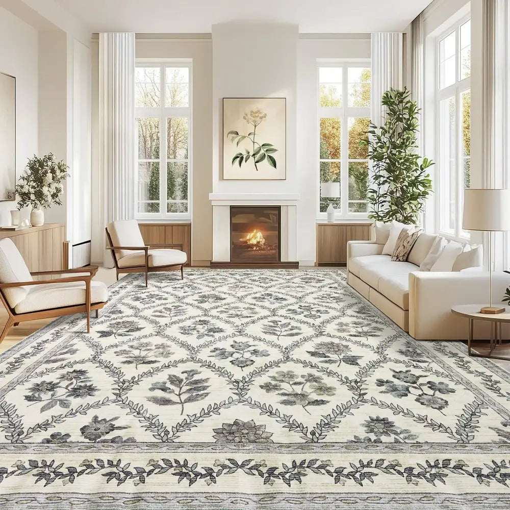 Large Blue and Green Area Rug 9x12 for Living Room Large Dark Blue on Cream Modern Boho Rugs for Bedroom Soft Vintage Area Rug Farmhouse Floral Carpet Rug for Dining Room Guest Room Home Decor