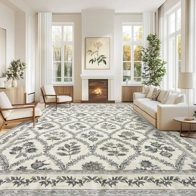 Large Blue and Green Area Rug 9x12 for Living Room Large Dark Blue on Cream Modern Boho Rugs for Bedroom Soft Vintage Area Rug Farmhouse Floral Carpet Rug for Dining Room Guest Room Home Decor