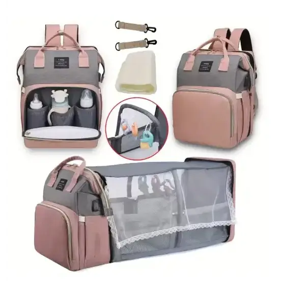 A stylish gray and rose gold baby backpack with multiple compartments, a transparent mesh panel for visibility, and soft pink handles.