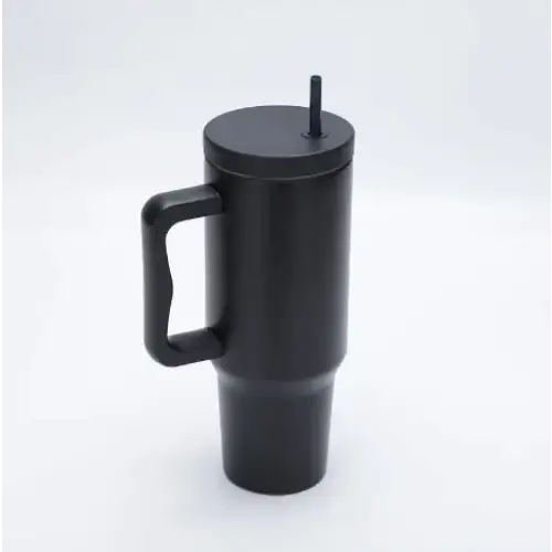 Black insulated travel mug with a sleek, matte finish and an integrated handle.