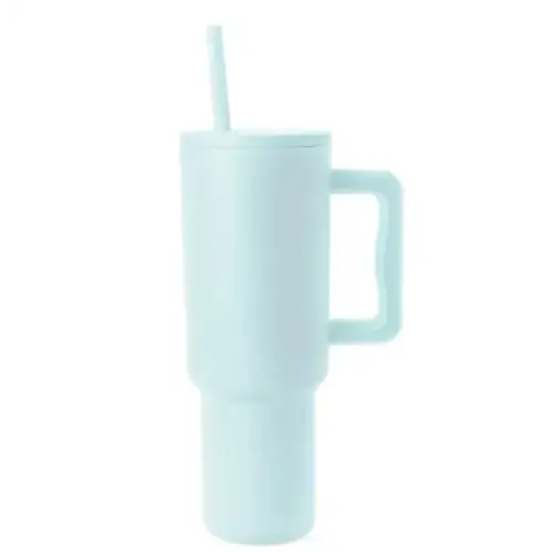A sleek, matte-finish light blue insulated tumbler with a matching handle and straw.