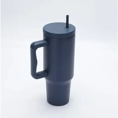 Dark gray insulated travel mug with a matching lid and black straw, featuring an integrated handle for easy grip.
