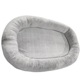 Soft gray plush pet bed with a cozy, oval-shaped design and padded edges.