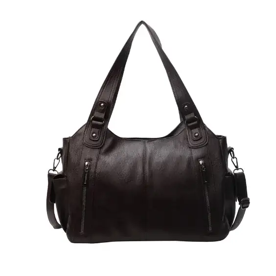 Black leather shoulder bag with dual top handles and side zippers.