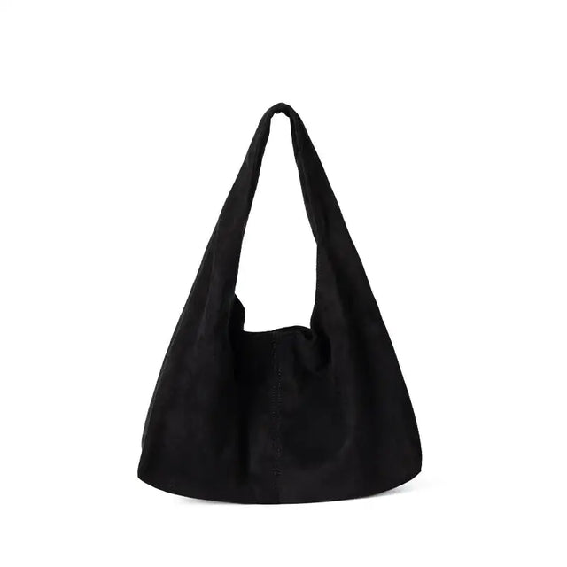 Black suede hobo bag with a soft, slouchy silhouette and wide shoulder strap.