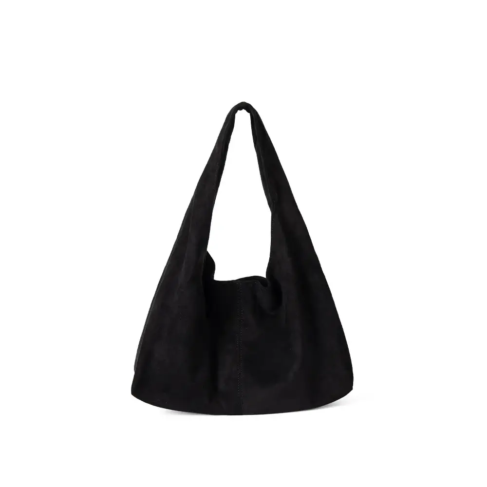 Black suede hobo bag with a soft, slouchy silhouette and wide shoulder strap.