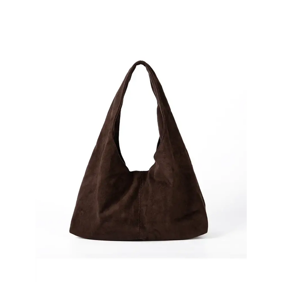 A sleek, dark brown suede hobo bag with a soft, slouchy silhouette and wide shoulder straps.