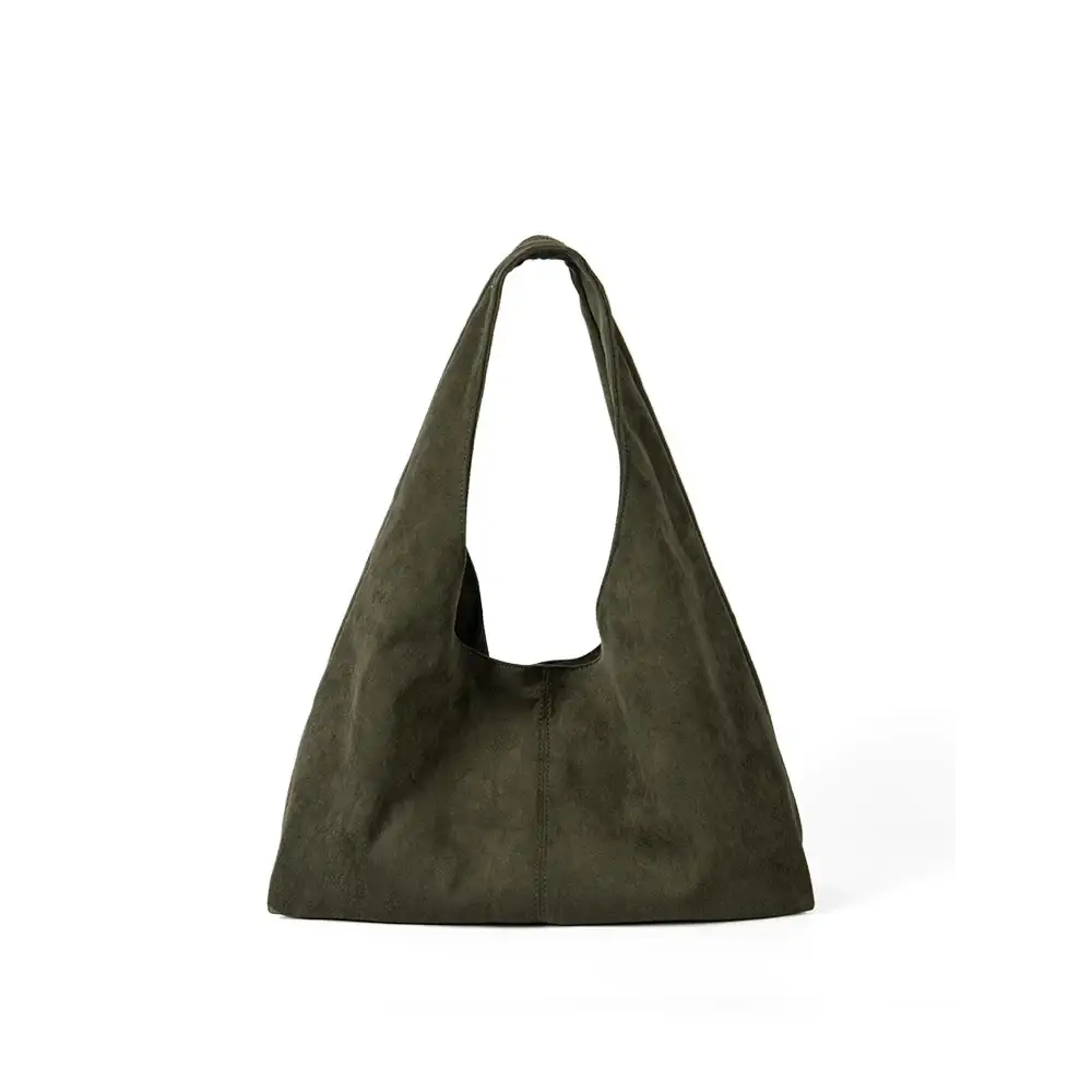 Olive green suede hobo bag with a soft, slouchy silhouette and wide shoulder strap.