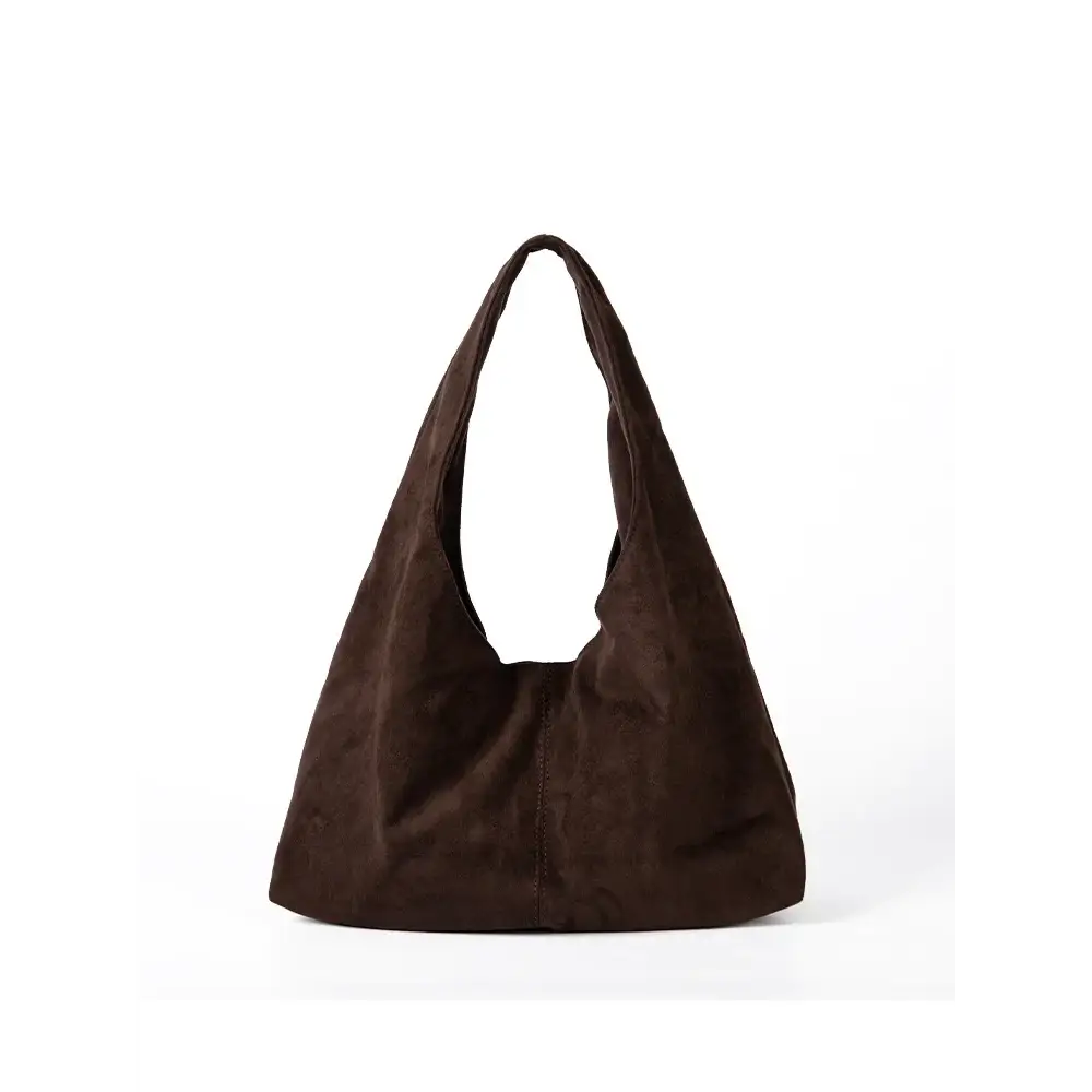 A sleek, dark brown suede hobo bag with a soft, slouchy silhouette and wide shoulder straps.