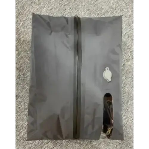 Gray zippered pouch with a white plastic clasp and a vertical transparent window on the right side.