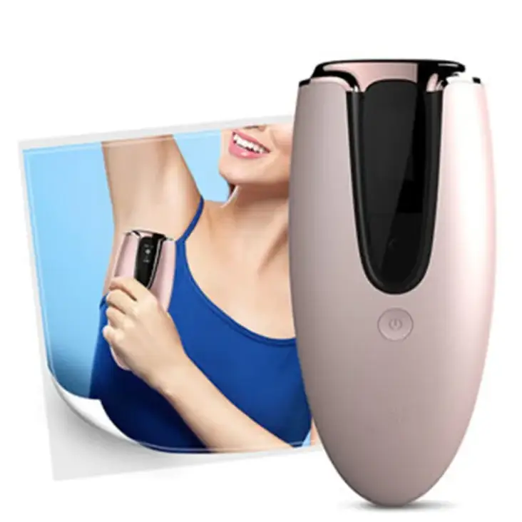 Rose gold-colored, sleek and ergonomic handheld laser hair removal device with a black front panel housing the display screen.