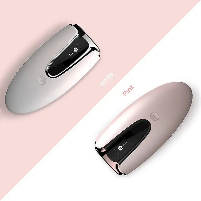 A sleek, oval-shaped electronic device with a smooth metallic finish and a black digital display panel.