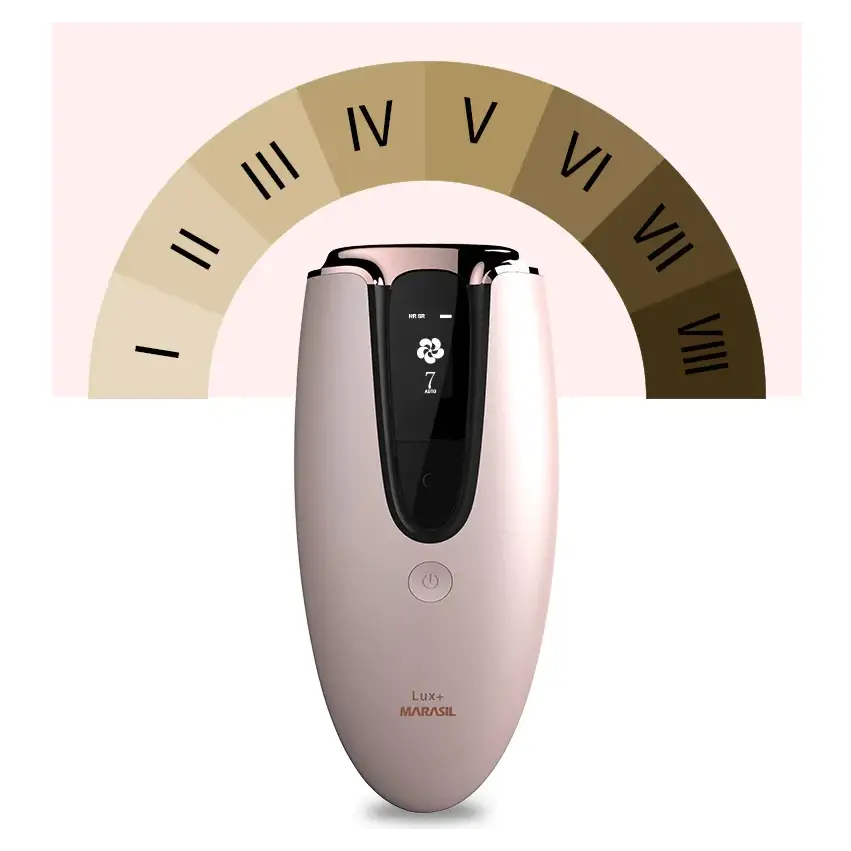 A sleek rose gold lux+ by marasil facial device with a digital display and power button.