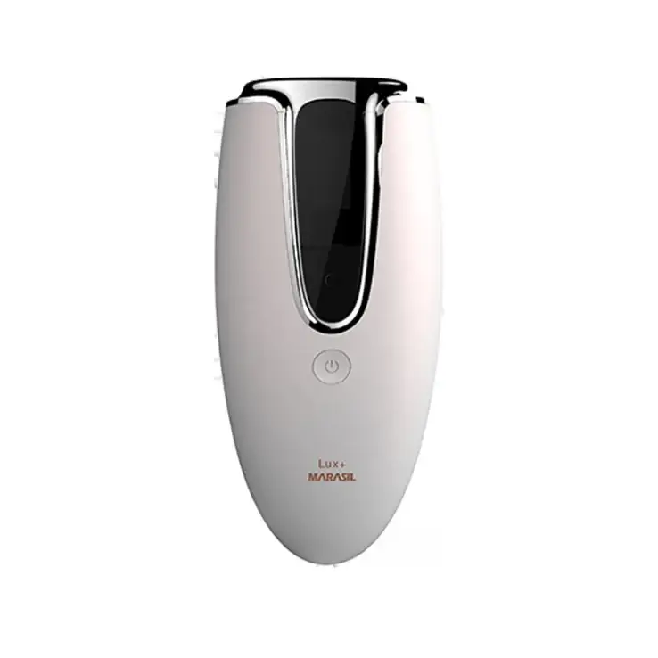 White and silver marasil lux+ facial device with a sleek, oval-shaped design featuring a black display screen.
