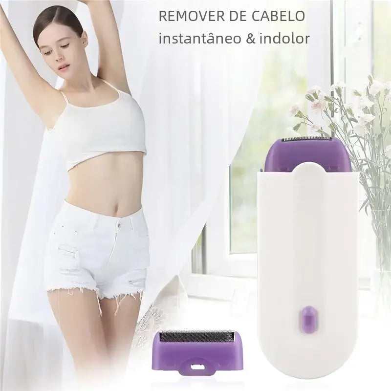 Purple and white handheld hair removal device with a detachable razor head.