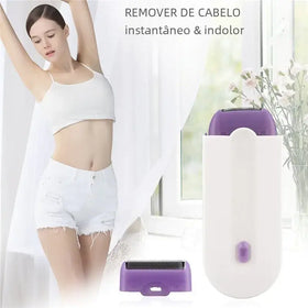 Purple and white handheld hair removal device with a detachable razor head.