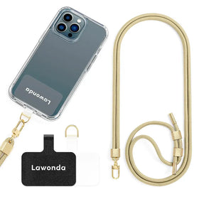 Clear protective case for iphone 13 pro with gold-tone lanyard and matching accessories.