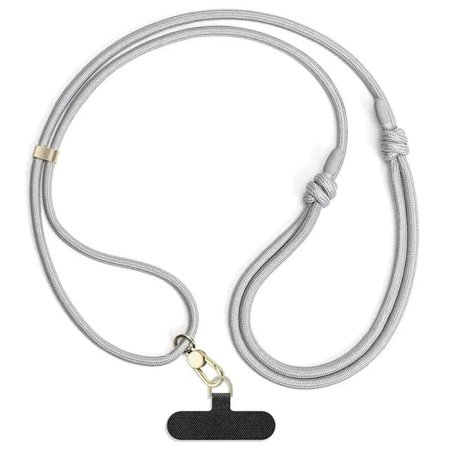 Gray braided lanyard with a black fabric tag and gold-tone metal clasp.