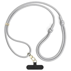 Gray braided lanyard with a black fabric tag and gold-tone metal clasp.
