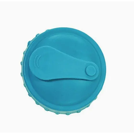 Blue silicone bottle cap with a textured, ridged edge and an integrated flip-top lever.