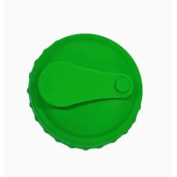 Bright green silicone lid with a flip-top mechanism and ridged edge.